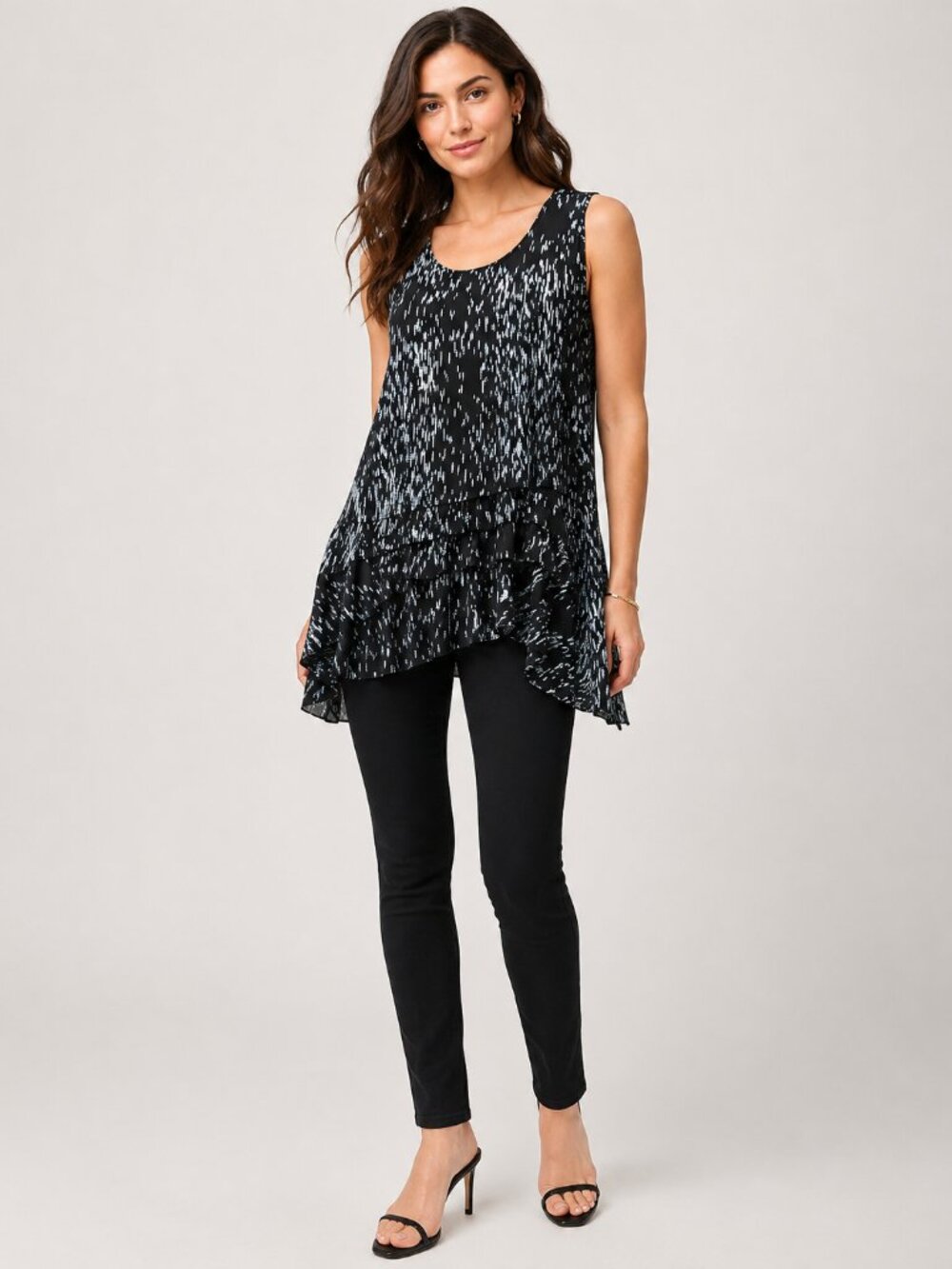 Theory Black White Abstract Print Silk Sleeveless Blouse Tunic Top Layered Hem